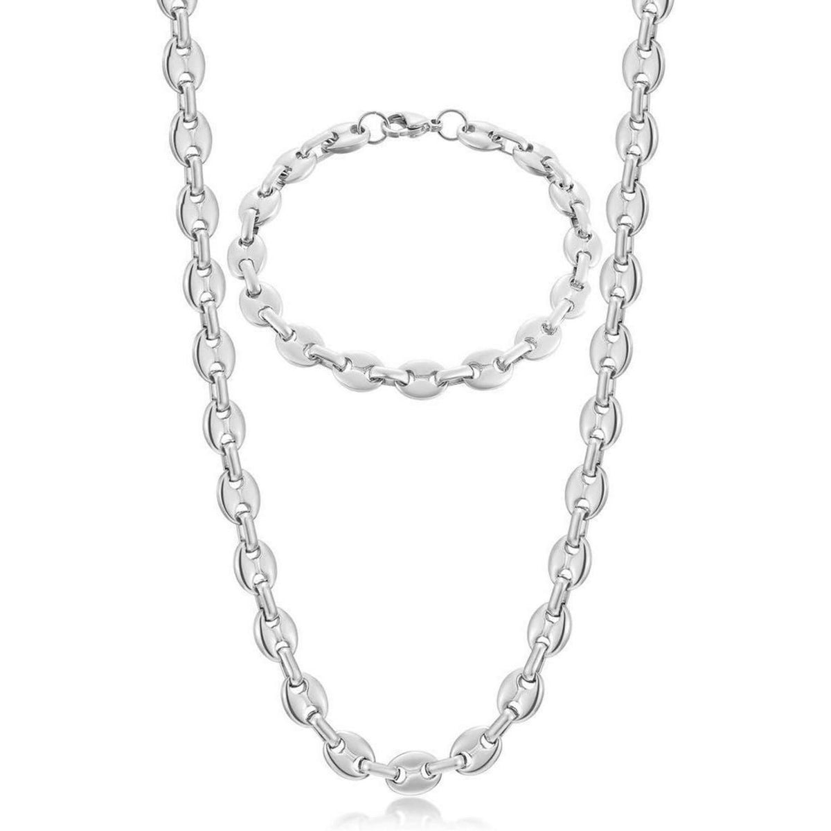 Herren Kaffeebohnen Kette & Armband Set Edelstahl 6mm Silber 51cm