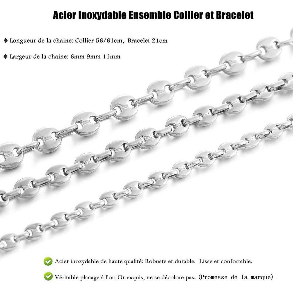 Herren Kaffeebohnen Kette & Armband Set Edelstahl 6mm Silber 51cm