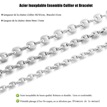 Herren Kaffeebohnen Kette & Armband Set Edelstahl 6mm Silber 51cm