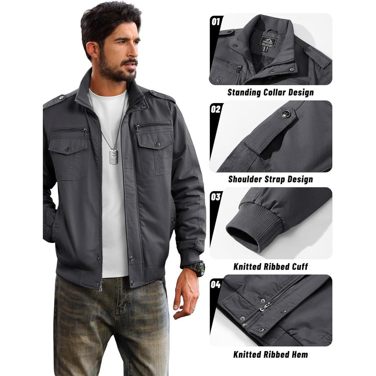 Warme Herren Fleecejacke mit Stehkragen und vielen Taschen Grau XXL