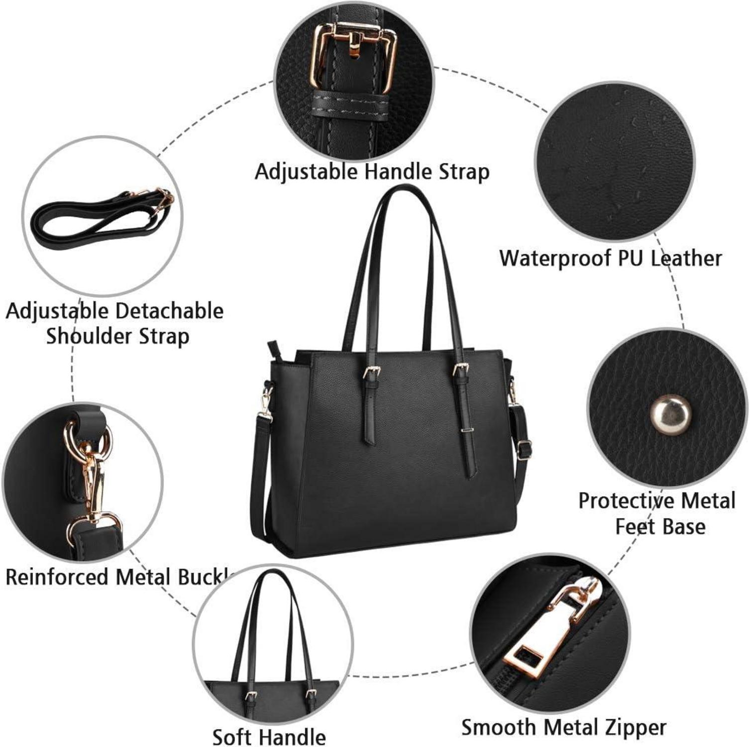 Schwarze Damen Handtasche Groß 15.6 Zoll Laptop Elegant Leder Umhängetasche