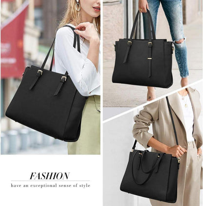 Schwarze Damen Handtasche Groß 15.6 Zoll Laptop Elegant Leder Umhängetasche