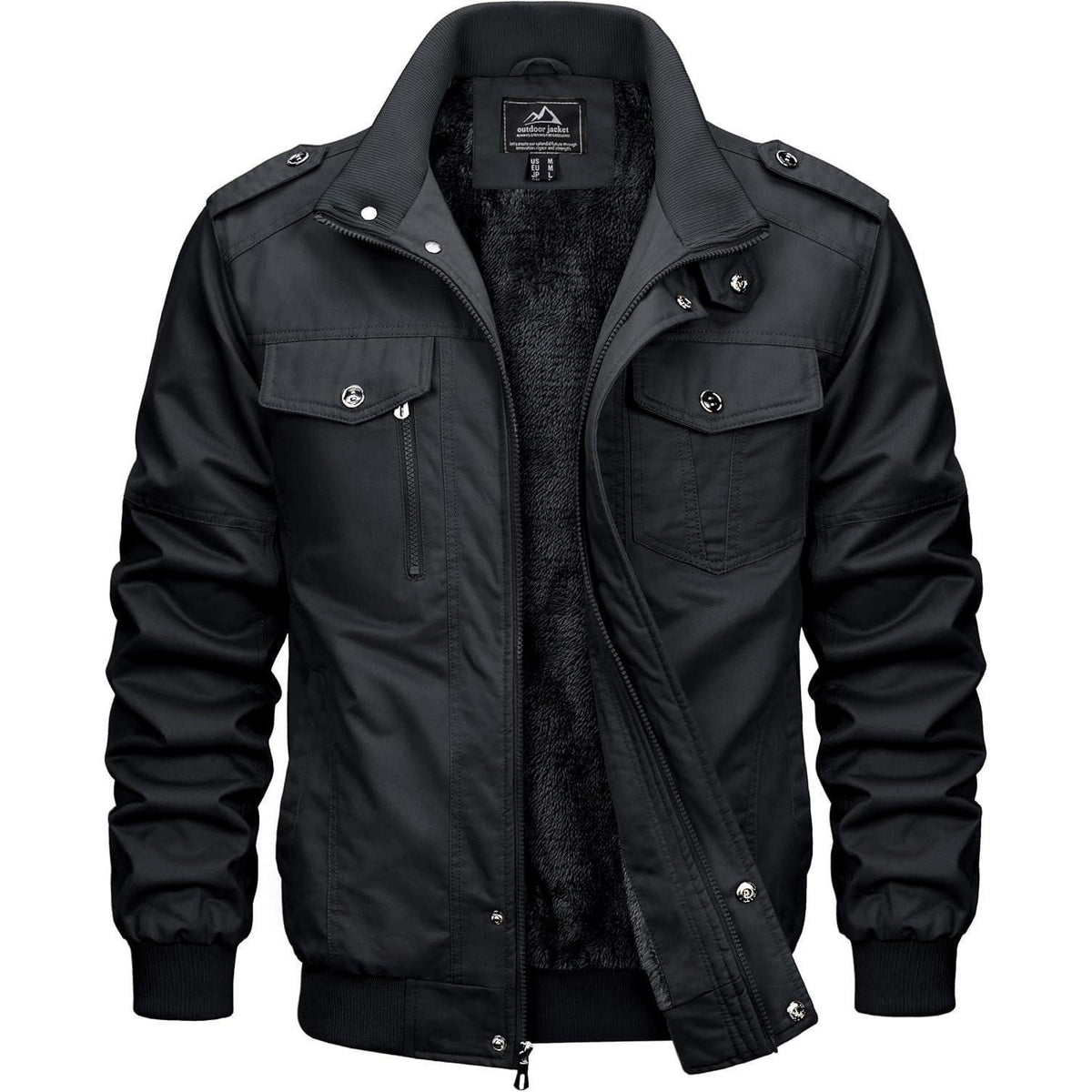 Herren Winterjacke Warm Gefüttert Fleecejacke Cargo Jacke Schwarz