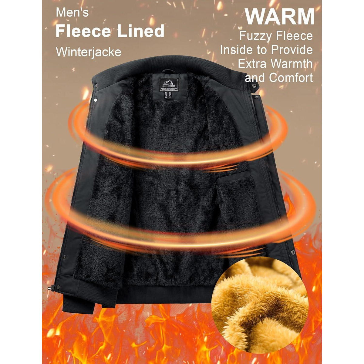 Herren Winterjacke Warm Gefüttert Fleecejacke Cargo Jacke Schwarz