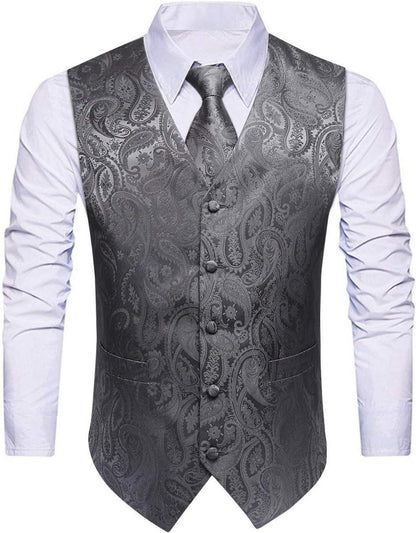 HISDERN Paisley Floral Jacquard Weste Krawatte Set Grau