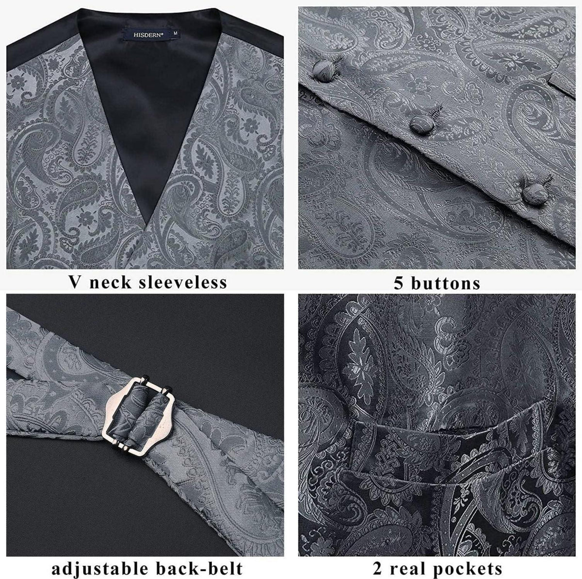 HISDERN Herren Weste Paisley Floral Jacquard Krawatte Einstecktuch Set Grau XS