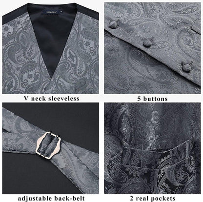 HISDERN Herren Weste Paisley Floral Jacquard Krawatte Einstecktuch Set Grau XS