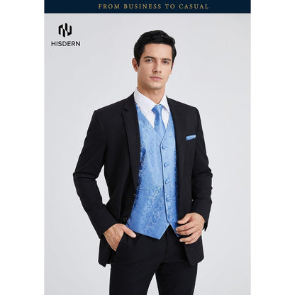 Herren Weste Krawatte Einstecktuch Set Jacquard Hellblau 6XL