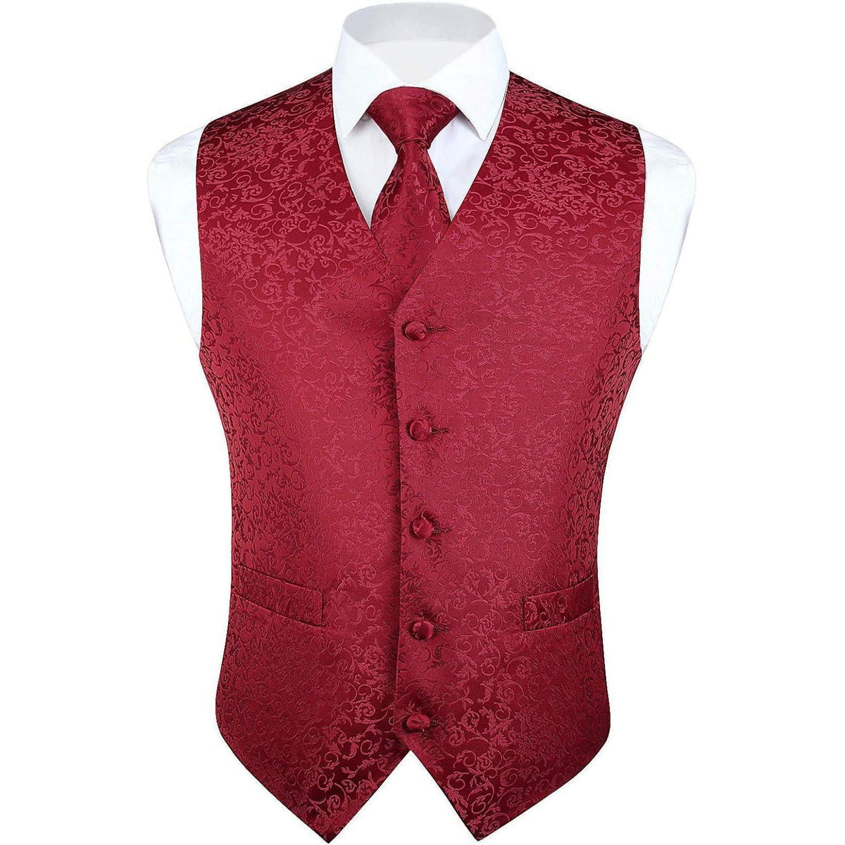 Herren Weste Krawatte Einstecktuch Set Jacquard Burgunder 3XL