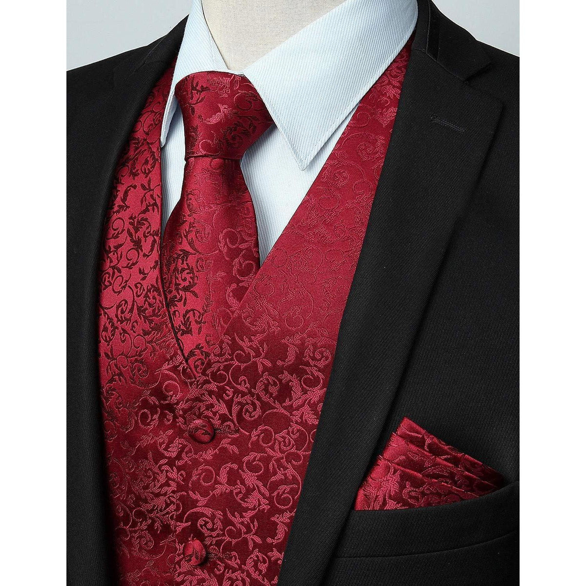 Herren Weste Krawatte Einstecktuch Set Jacquard Burgunder 3XL