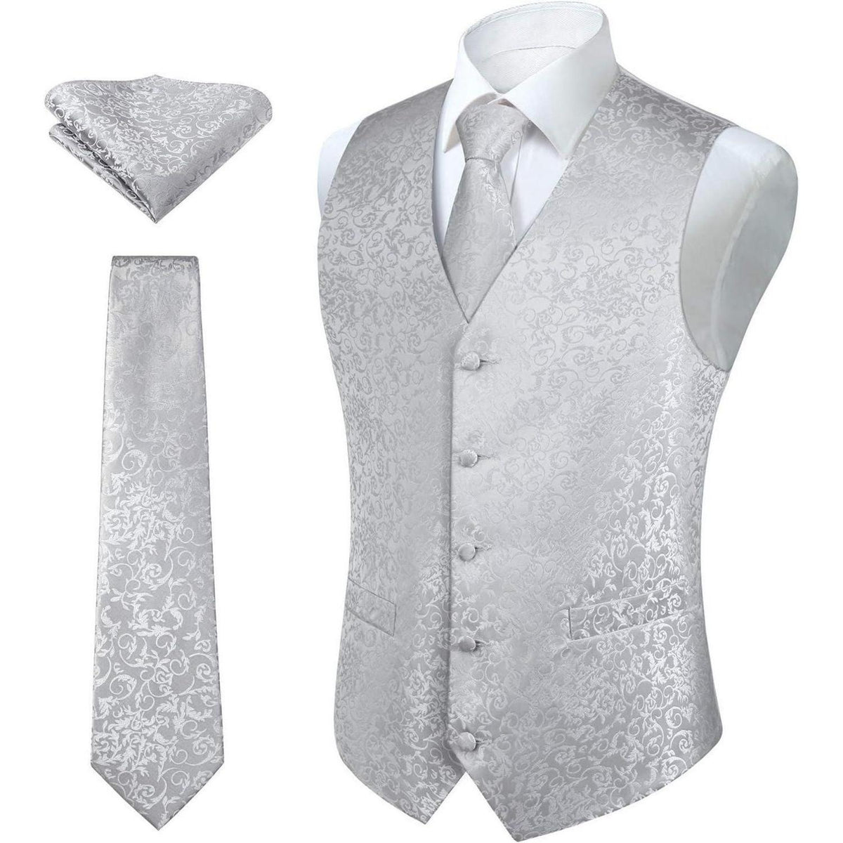 Herren Weste Krawatte Einstecktuch Set Silber-Grau Jacquard Seide