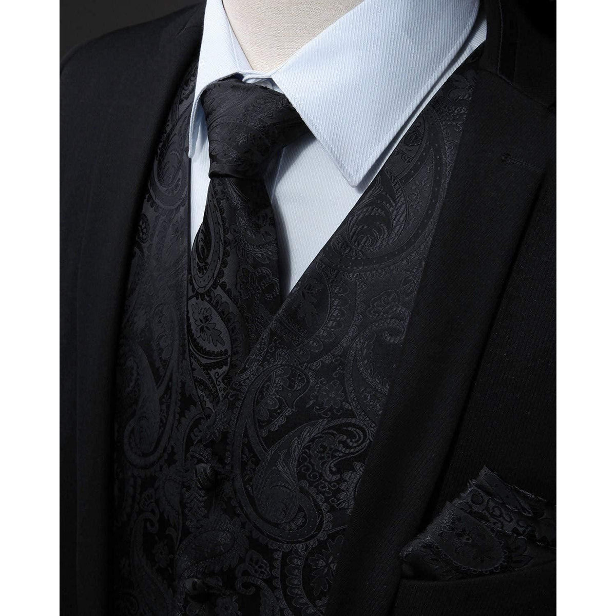Herren Weste Krawatte Einstecktuch Set Paisley Jacquard 4XL Schwarz