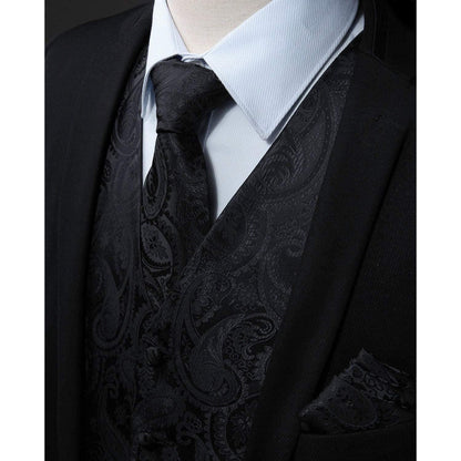 Herren Weste Krawatte Einstecktuch Set Paisley Jacquard 4XL Schwarz