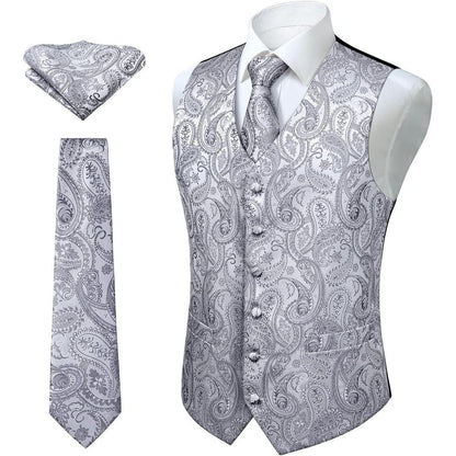Herren Weste Krawatte Einstecktuch Set Paisley Floral Jacquard Grau 4XL