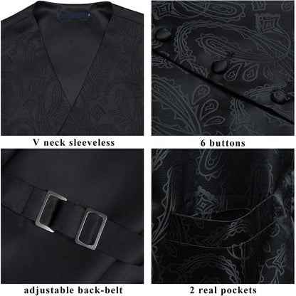 Herren Weste Krawatte Einstecktuch Set Paisley Floral Jacquard Gold