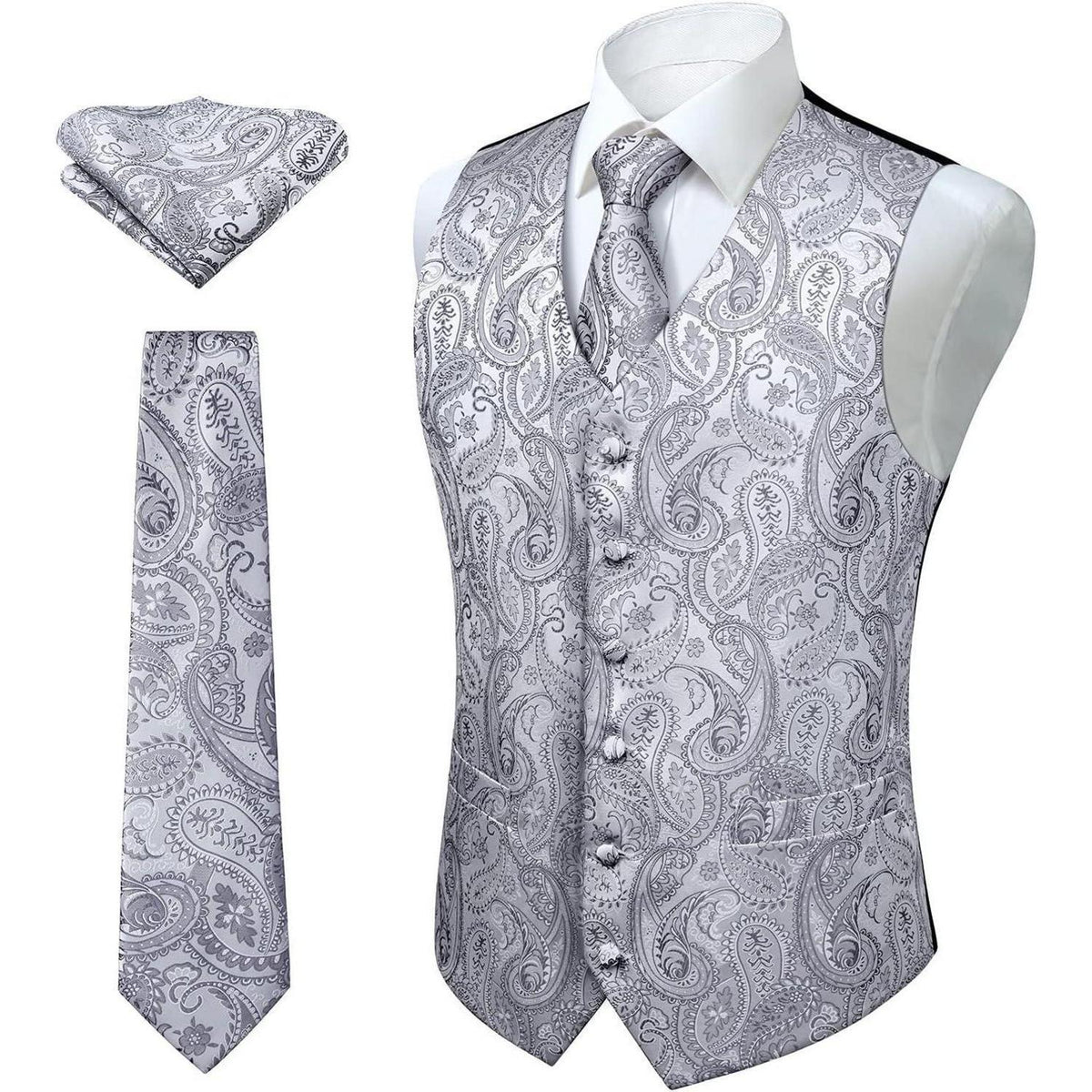 Herren Weste Krawatte Einstecktuch Set Paisley Floral Jacquard Grau
