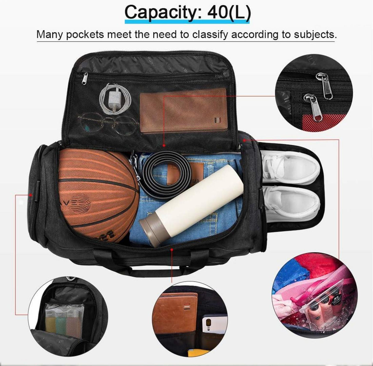 Sporttasche Weekender mit Schuhfach Wasserdicht 40L Kapazität