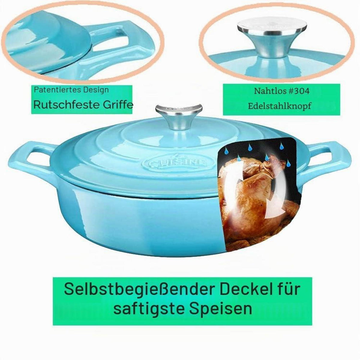 Gusseisen Sauteuse 28 cm – Emaillierte Schmorpfanne Blaugrün