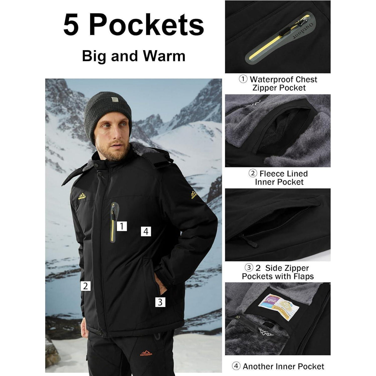 Herren Fleecejacke Winter Warm Gefüttert Skijacke Dunkel Schwarz M