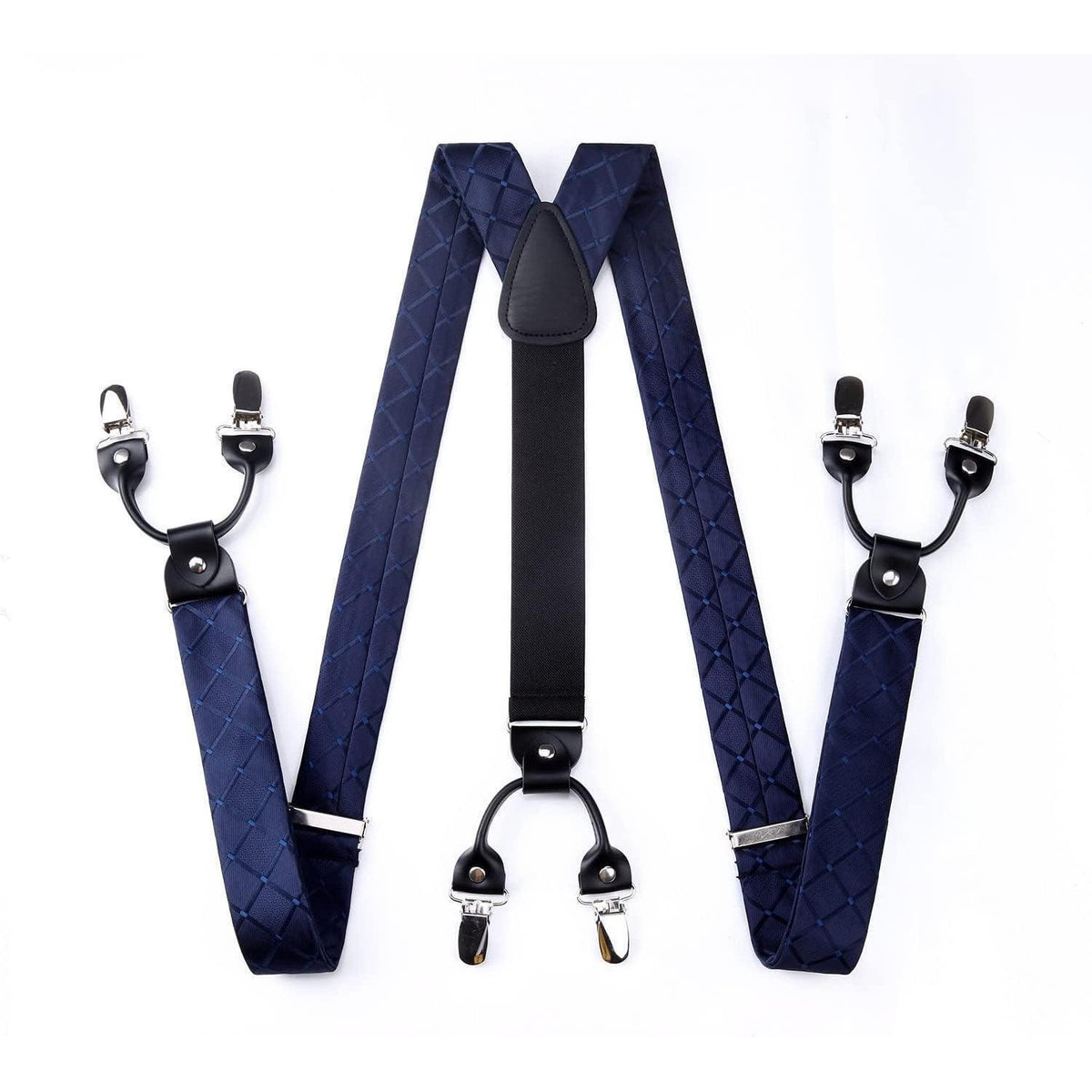 Herren Hosenträger Set Marineblau Kariert mit Fliege und Einstecktuch