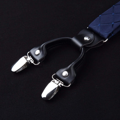 Herren Hosenträger Set Marineblau Kariert mit Fliege und Einstecktuch