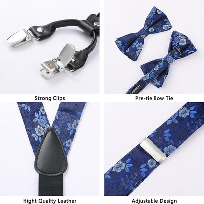 Herren Hosenträger Set mit Fliege und Einstecktuch, Blau Blumenmuster