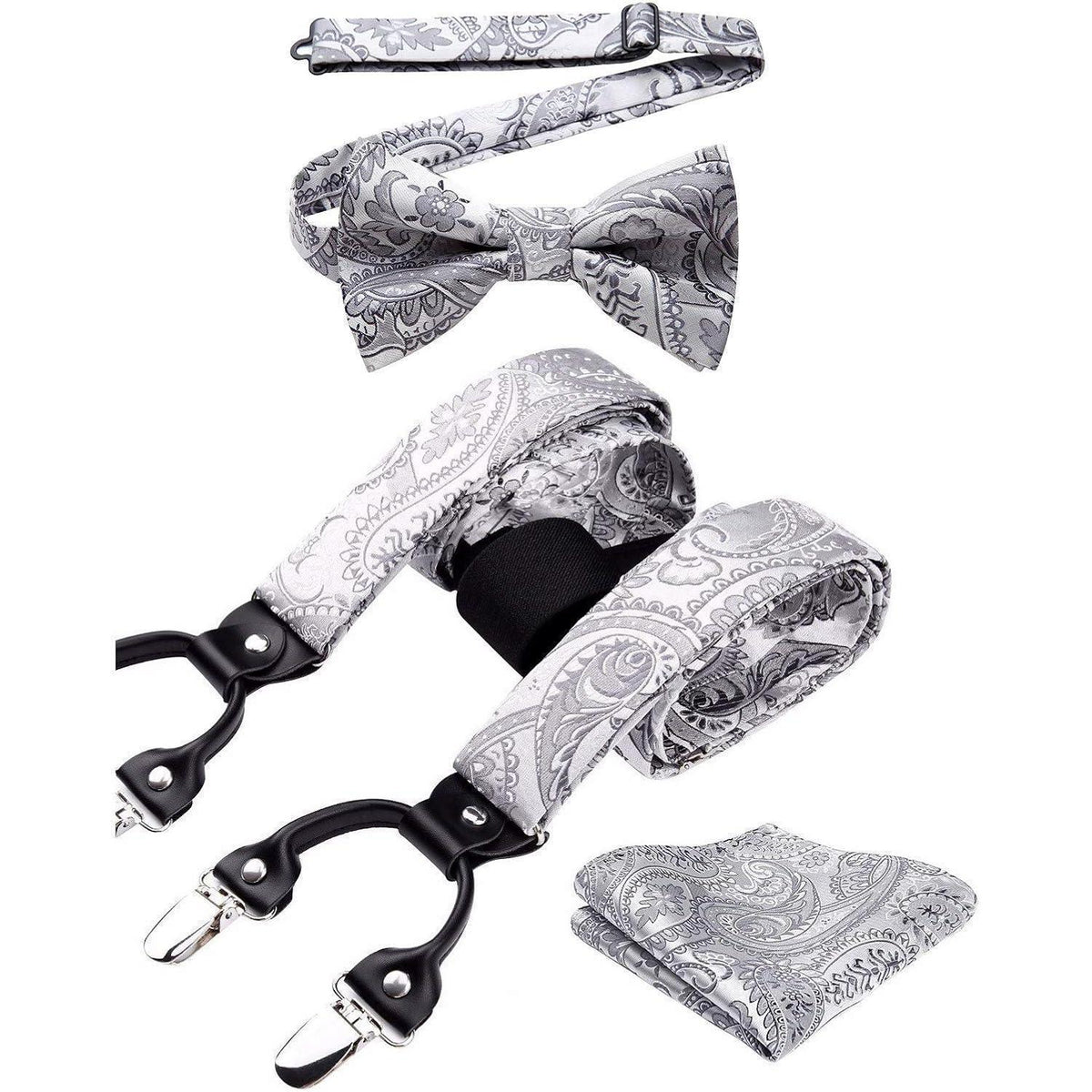 Herren Hosenträger Set mit Fliege & Einstecktuch, Grau Paisley