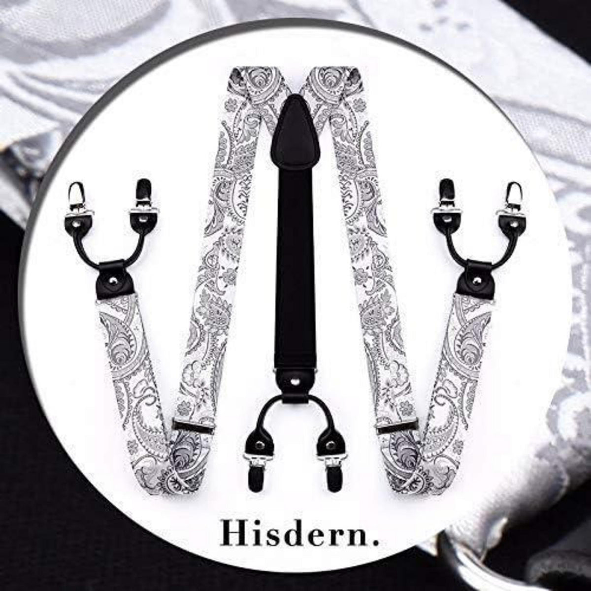 Herren Hosenträger Set mit Fliege & Einstecktuch, Grau Paisley