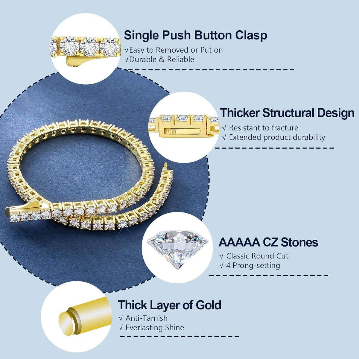 Damen Tennisarmband mit Zirkonia Steinen in 14K Weißgold beschichtet 3/4mm, Geschenk für Frauen