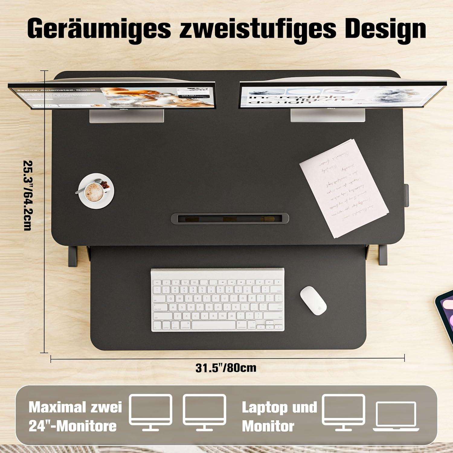 Steh-Sitz Schreibtischaufsatz Höhenverstellbar Schwarz 80x40cm