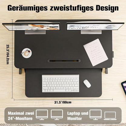 Steh-Sitz Schreibtischaufsatz Höhenverstellbar Schwarz 80x40cm