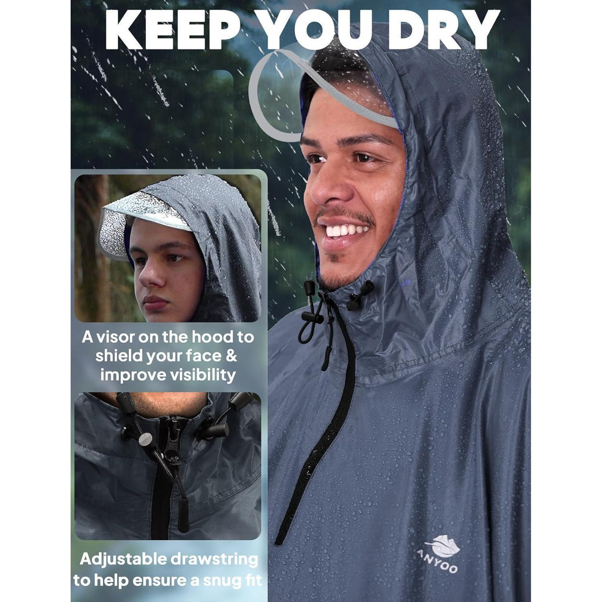 Wasserdichter Fahrrad-Regenponcho mit Kapuze, Grau
