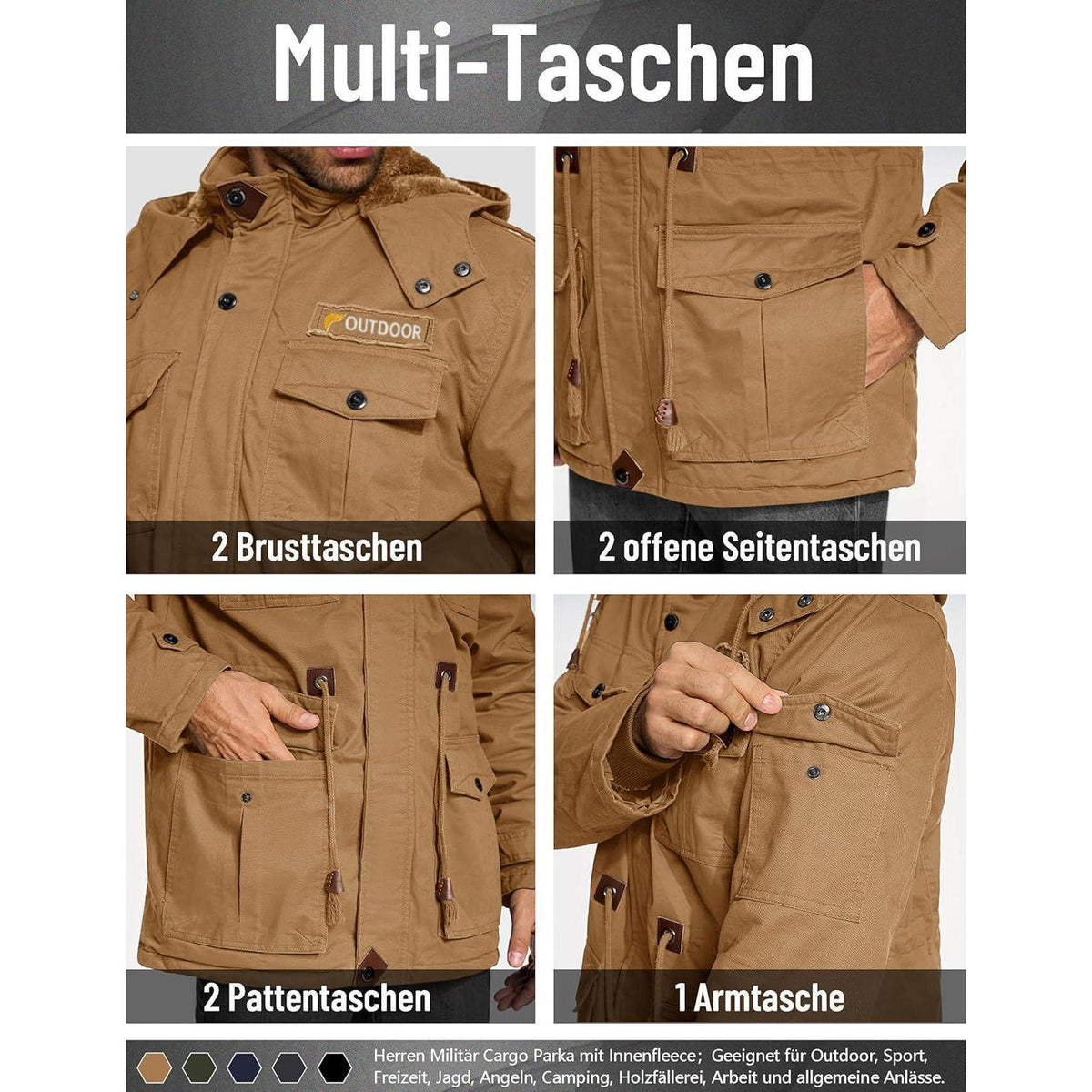 Herren Winterjacke gefüttert Fleece Parka mit Kapuze