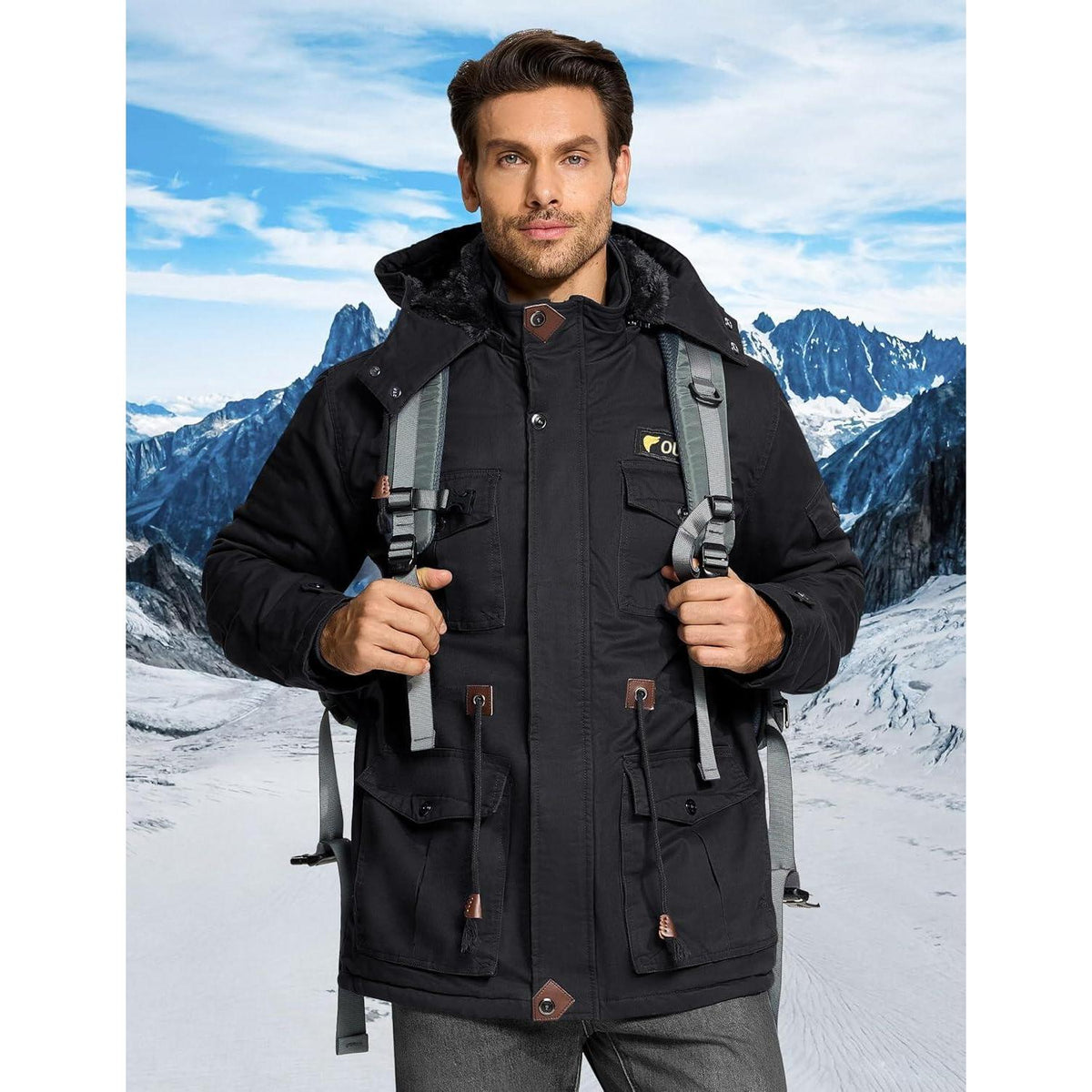 Herren Winterjacke gefüttert Fleece Parka mit Kapuze Schwarz XL