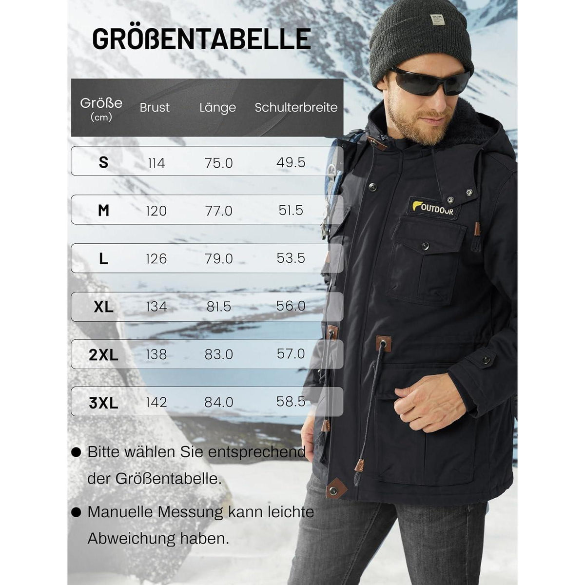 Herren Winterjacke gefüttert Fleece Parka mit Kapuze Schwarz XL