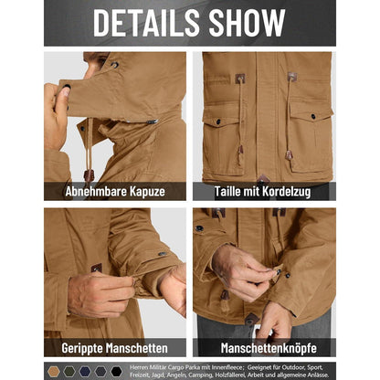 Herren Winterjacke gefüttert Fleece Parka mit Kapuze Khaki L