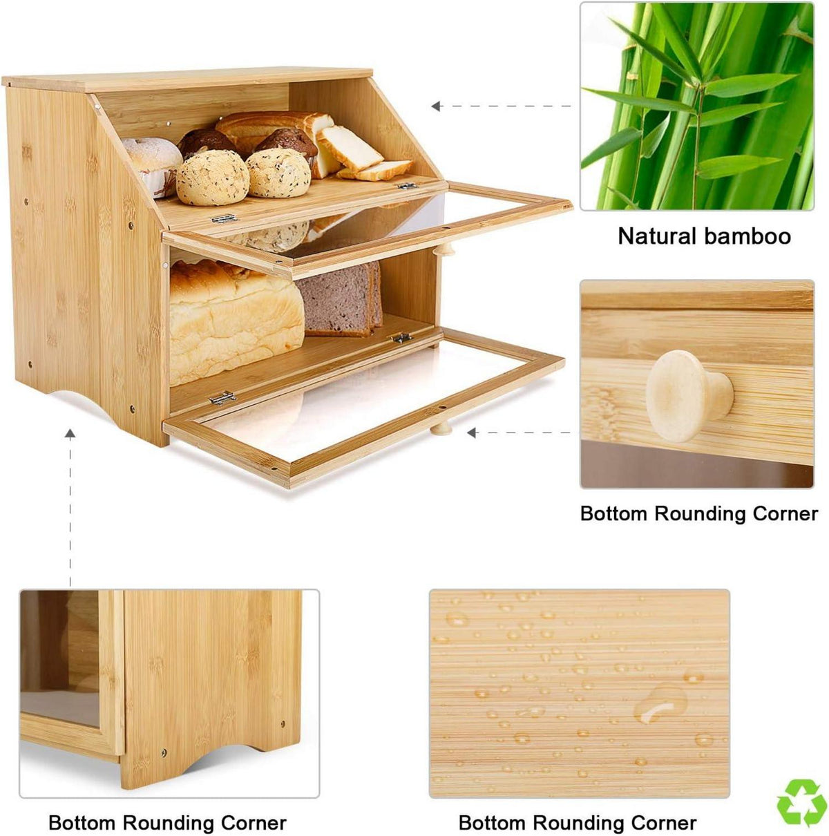Bambus Brotkasten 2 Etagen lebensmittelecht Brotaufbewahrung pflegeleicht 39x25x32cm