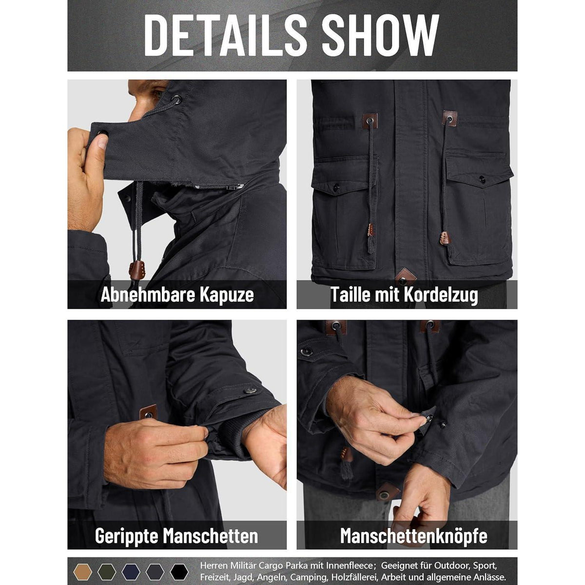 Herren Winterjacke gefüttert Fleece Parka mit Kapuze Grau L