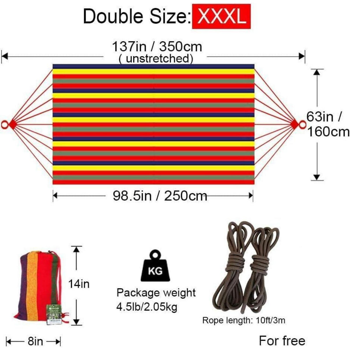 XXXL Doppelhängematte für 2 Personen, 300kg, Regenbogen