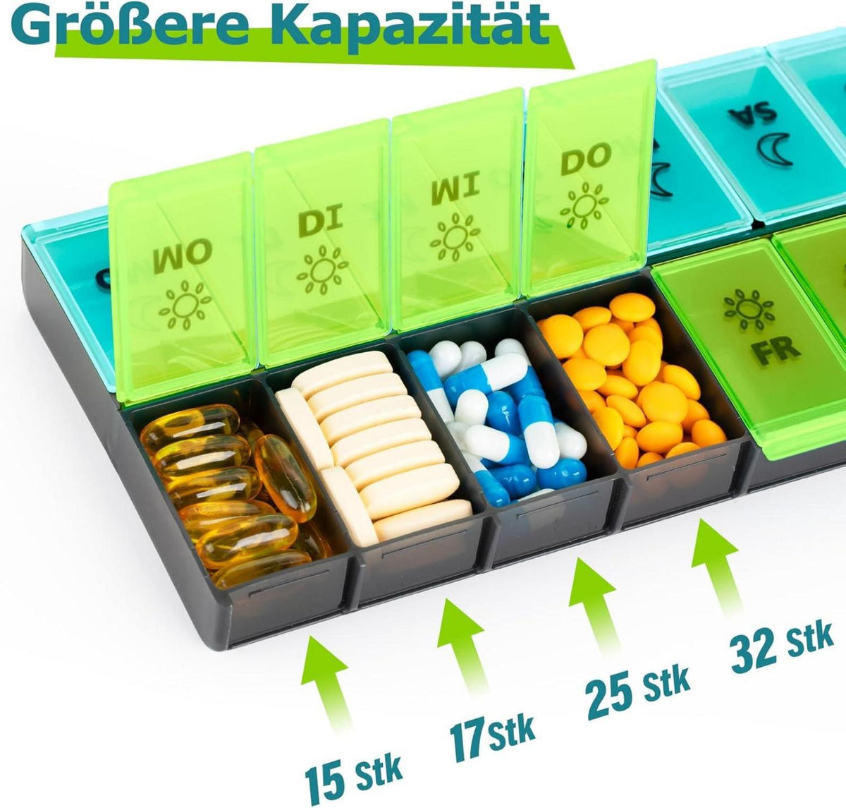 Pillendose 7 Tage XL Feuchtigkeitsfest 14 Fächer Vitamine