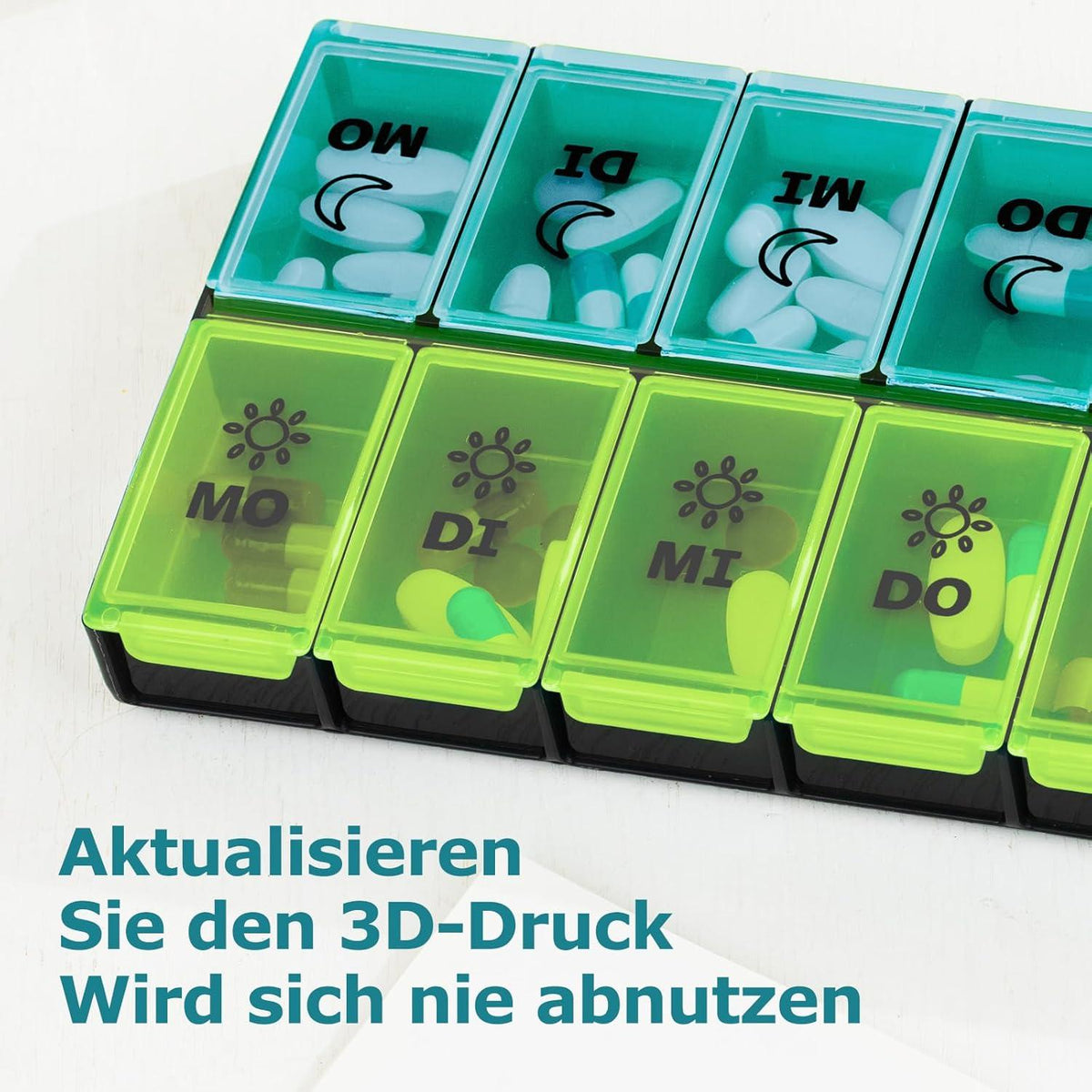 XL Pillendose 7 Tage, Feuchtigkeitsfest, 14 Fächer, BPA-frei