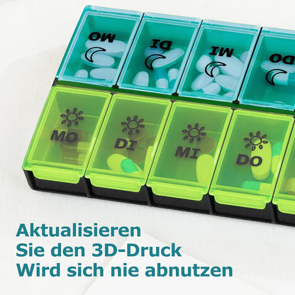 XL Pillendose 7 Tage, Feuchtigkeitsfest, 14 Fächer, BPA-frei