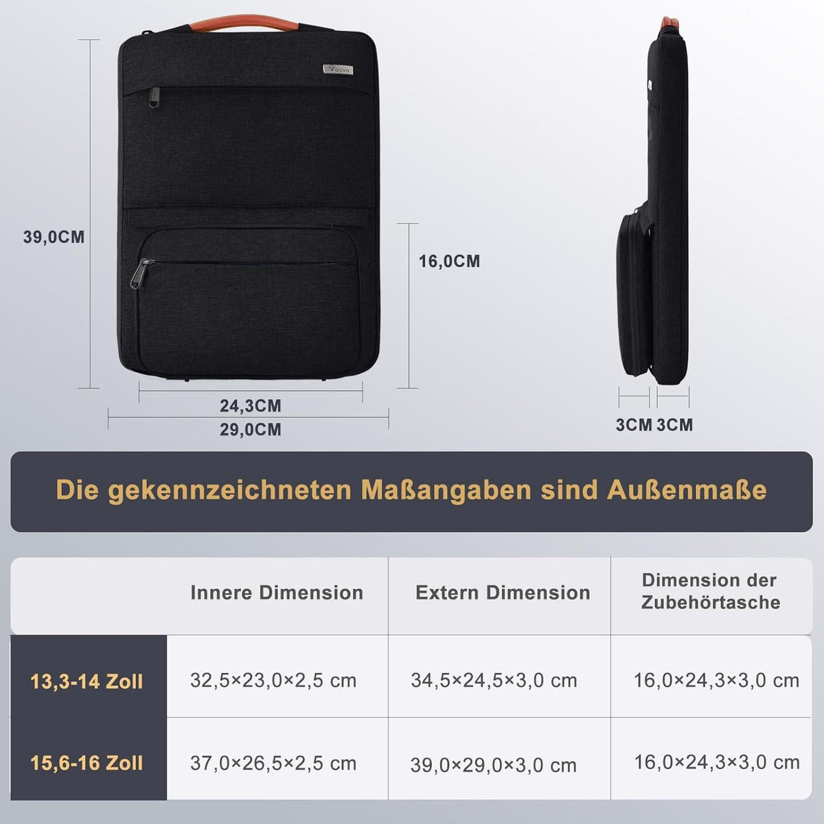 Voova Laptoptasche 15-16 Zoll Schwarz mit Zubehör-Hülle