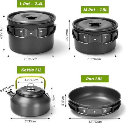 29-teiliges Camping Kochgeschirr Set aus Aluminium und Edelstahl