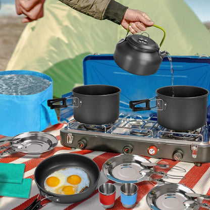 29-teiliges Camping Kochgeschirr Set aus Aluminium und Edelstahl