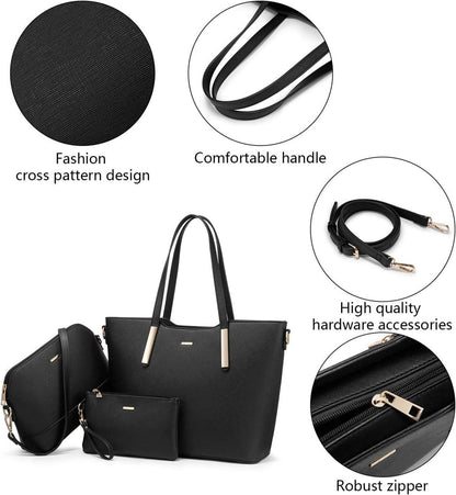 Schwarze Damen Handtasche Set Schultertasche Shopper Tote A4