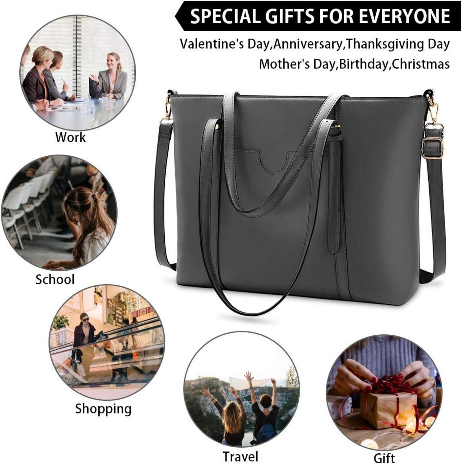 Große Laptop Handtasche Damen 15.6 Zoll PU Leder Schwarz Umhängetasche