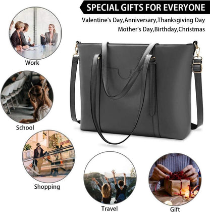 Große Laptop Handtasche Damen 15.6 Zoll PU Leder Schwarz Umhängetasche