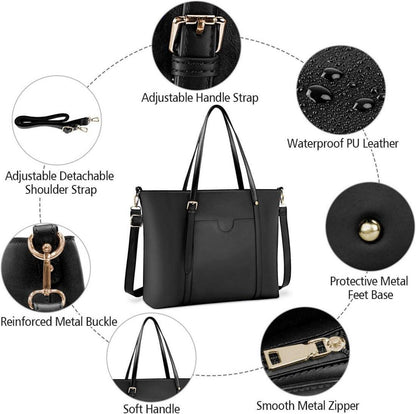 Große NUBILY Damen Laptop Handtasche Schwarz PU Leder 15.6