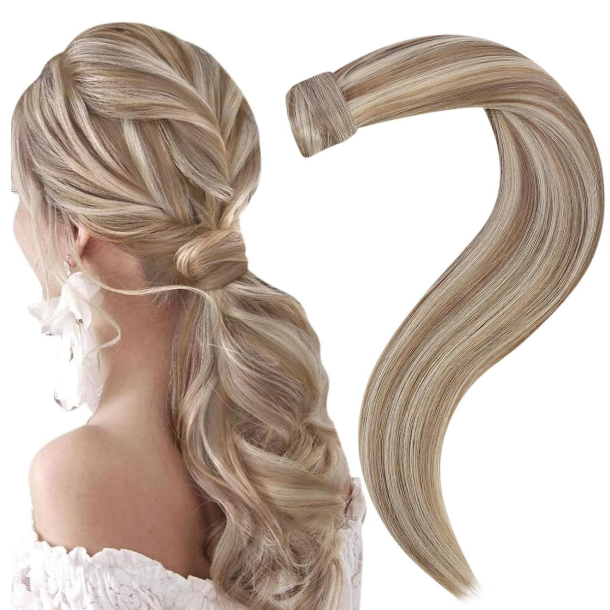 Aschblond Pferdeschwanz Echthaar Extension 50cm mit Platinum Highlights